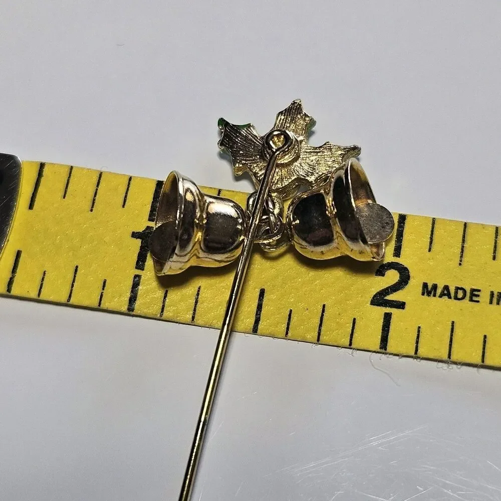 Vintage Christmas Stick Pin Red Rhinestone Green Holly Leaves Gold Tone Bells